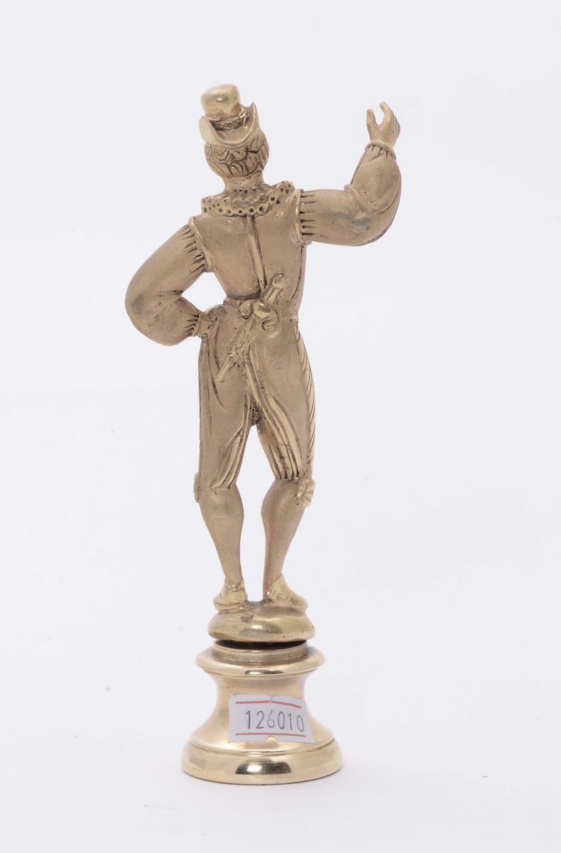 Sculturina in Bronzo Dorato con Personaggio in Maschera, XX Secolo