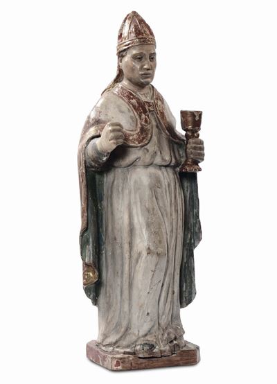 Scultura in Legno Policromo e Dorato Raffigurante Santo Vescovo, Scuola Italiana del XVI Secolo