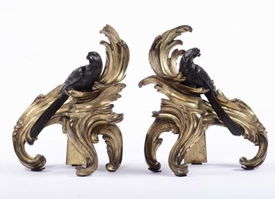 Coppia di Alari Luigi XV in Bronzo Dorato con Uccelli in Bronzo Brunito, XVIII Secolo