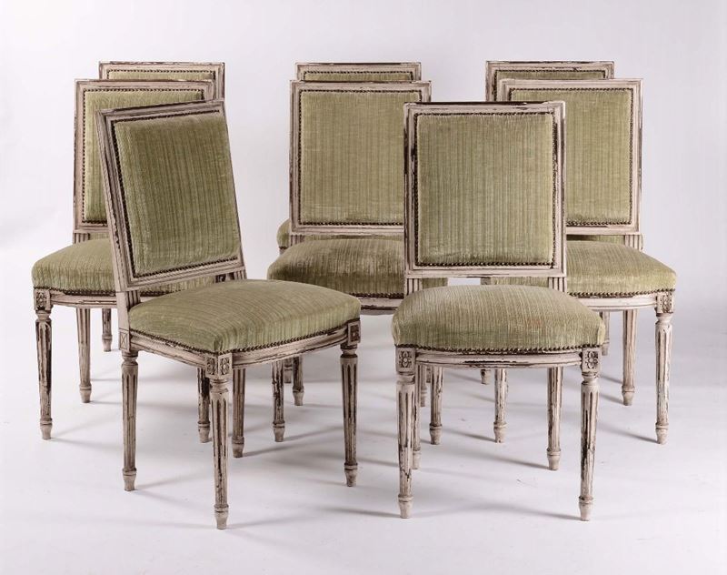 Otto sedie in stile Luigi XVI in legno laccato  - Asta Asta a Tempo 1-2015 - Cambi Casa d'Aste