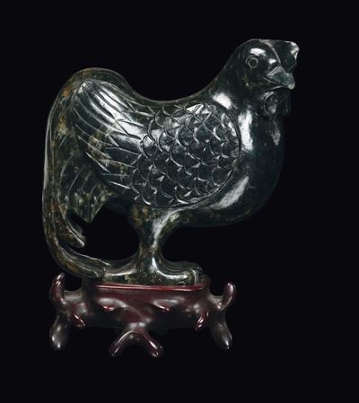 Scultura in Giada Spinacio Raffigurante Gallina, Cina, Dinastia Qing, XIX Secolo