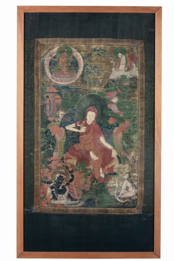 Tanka su fondo verde raffigurante cinque divinità, Tibet, XVII secolo