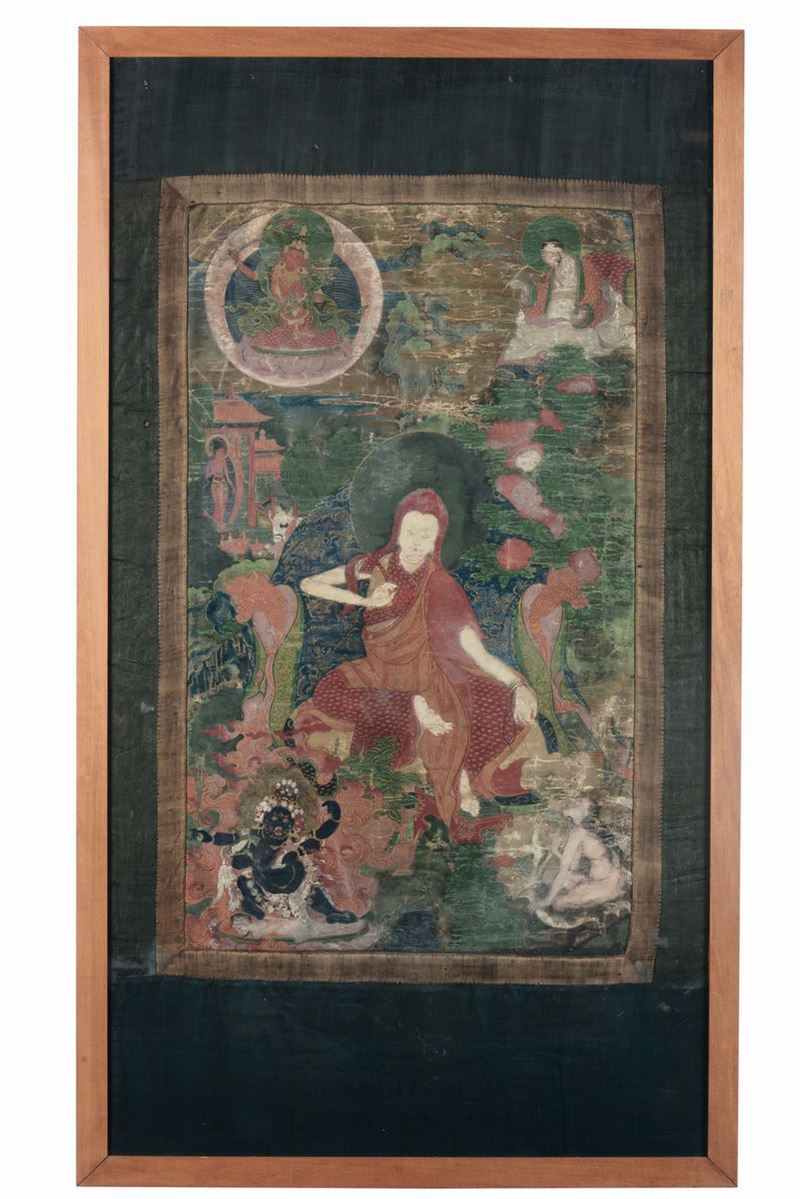 Tanka su fondo verde raffigurante cinque divinità, Tibet, XVII secolo  - Asta Fine Chinese Works of Art - II - Cambi Casa d'Aste