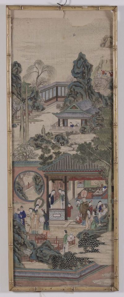 Tessuto Orientale Dipinto con Paesaggio con Architettura