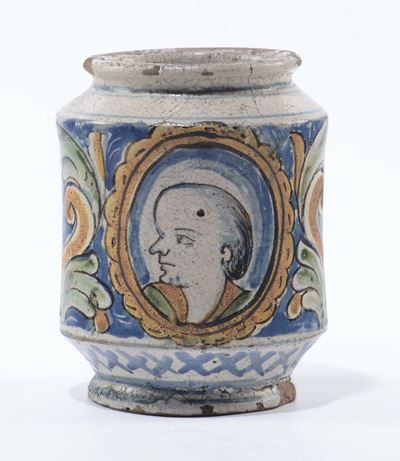 Albarello in Maiolica Policroma, Caltagirone, Tardo XVII o Primo XVIII Secolo