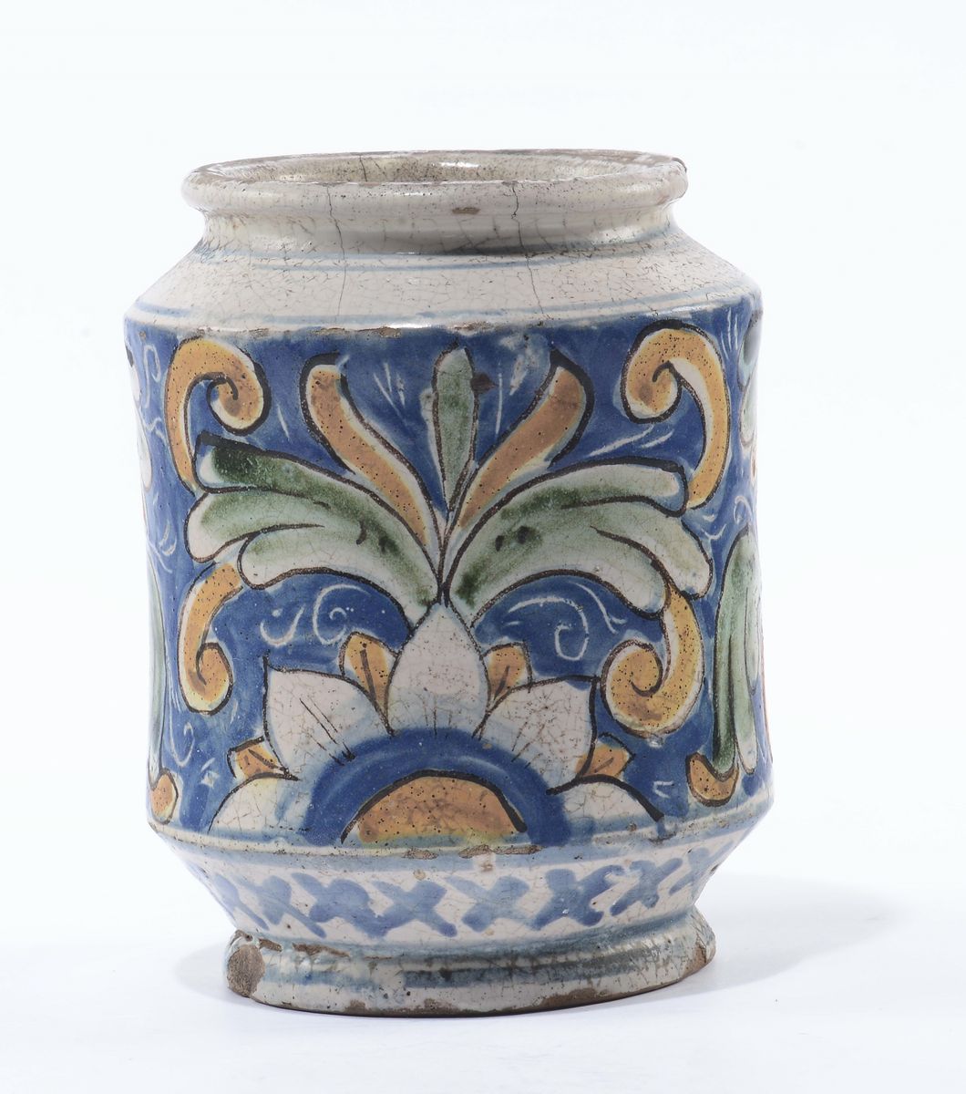 Albarello in Maiolica Policroma, Caltagirone, Tardo XVII o Primo XVIII Secolo