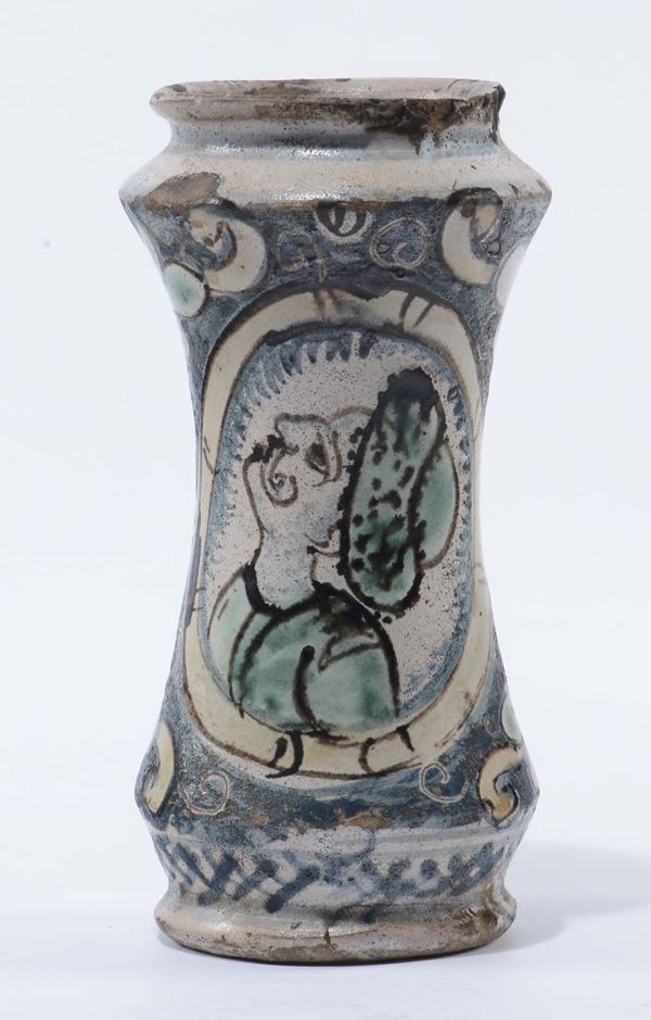 Albarello in maiolica policroma, forse Caltagirone XVII secolo