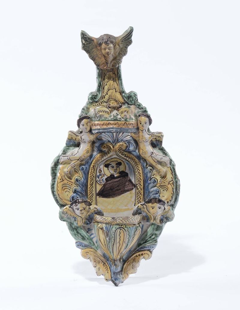 Acquasantiera in maiollica policroma, Sud Italia, XVIII secolo  - Auction Antique and Old Masters - Cambi Casa d'Aste