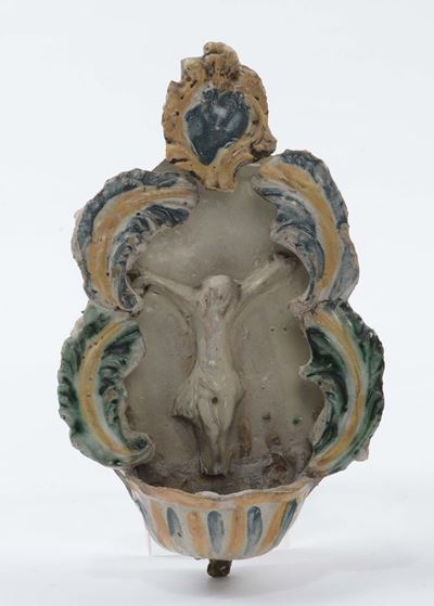 Acquasantiera in Maiolica Policroma, Sud Italia XVIII Secolo