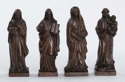 Quattro Sculturine in Legno di Noce Raffiguranti Gesù e Santi, XIX Secolo