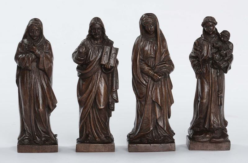 Quattro sculturine in legno di noce raffiguranti Gesù e Santi, XIX secolo  - Auction Antique and Old Masters - Cambi Casa d'Aste
