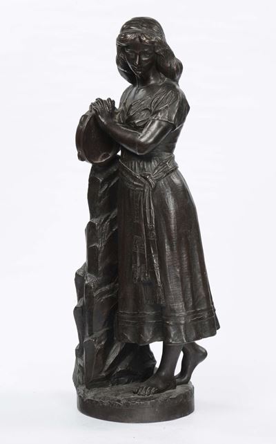 Scultura in Bronzo Raffigurante Fanciulla con Tamburello, XIX Secolo