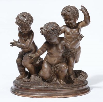 Gruppo in Terracotta Raffigurante Putti che Giocano a Mosca Cieca, Plasticatore Francese del XIX ...