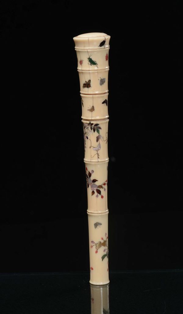 An ivory umbrella handle Shibayama manufacture with naturalistic subject with semi-precious stones embedded, Japan, late 19th century