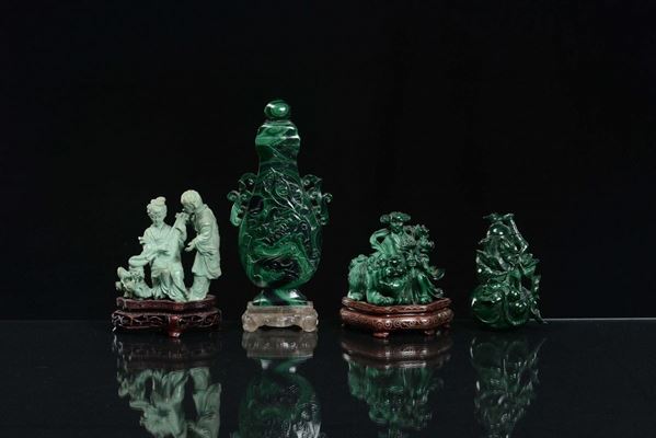 Gruppo composto da tre sculture in malachite e una in giada verde, Cina, Repubblica, XX secolo