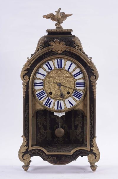 Pendola da Tavolo in Legno Ebanizzato e Bronzo Dorato, Francia, Estienne Lenoir a Paris, Fine XIX...