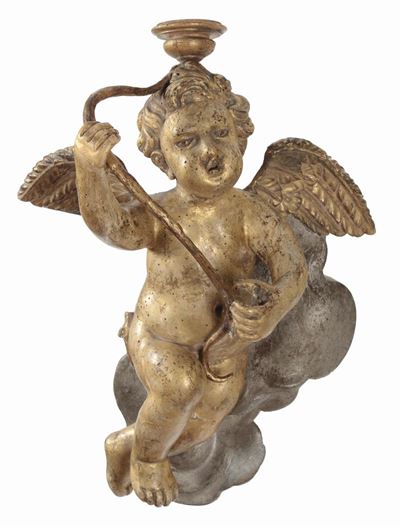 Coppie di Amorini Reggi Cero in Legno Intagliato, Dorato ed Argentato, Fine XVII Secolo