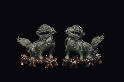 Coppia di Cani di Pho in Bronzo, Cina, Dinastia Ming, XVII Secolo
