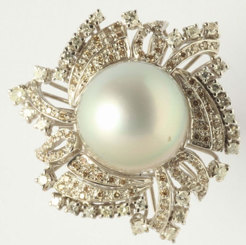 Anello con perla australiana e diamanti  - Auction Silvers and Jewels - Cambi Casa d'Aste
