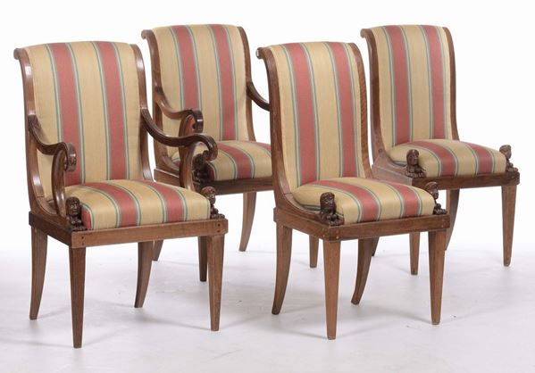 Due sedie e due poltroncine in noce Impero, XIX secolo