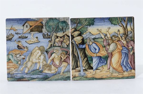 Coppia di piastrelle in maiolica con soggetti mitologici, fine XIX secolo
