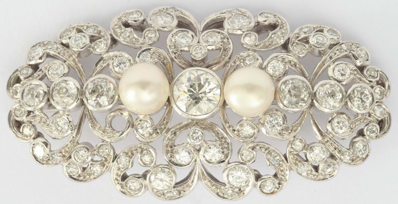 A pearl, diamond and platinum brooch  - Auction Fine Jewels - I - Cambi Casa d'Aste