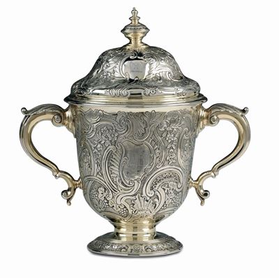 Coppa Biansata con Coperchio in Argento Vermeille, Argentiere A.videan, Londra 1744, Etichetta Ca...