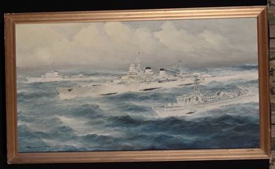 Rudolf Claudus (1893-1964)marina con Navi da Guerra