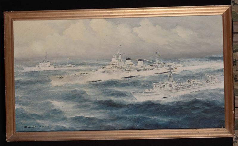 Rudolf Claudus (1893-1964) Marina con navi da guerra  - Asta Antiquariato e Dipinti Antichi - Cambi Casa d'Aste