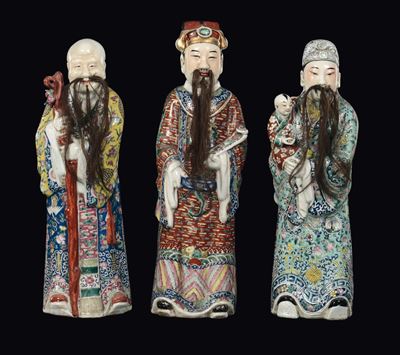 Serie di Tre Saggi in Porcellana Famiglia Rosa, Cina, Dinastia Qing, Inizio XX Secolo