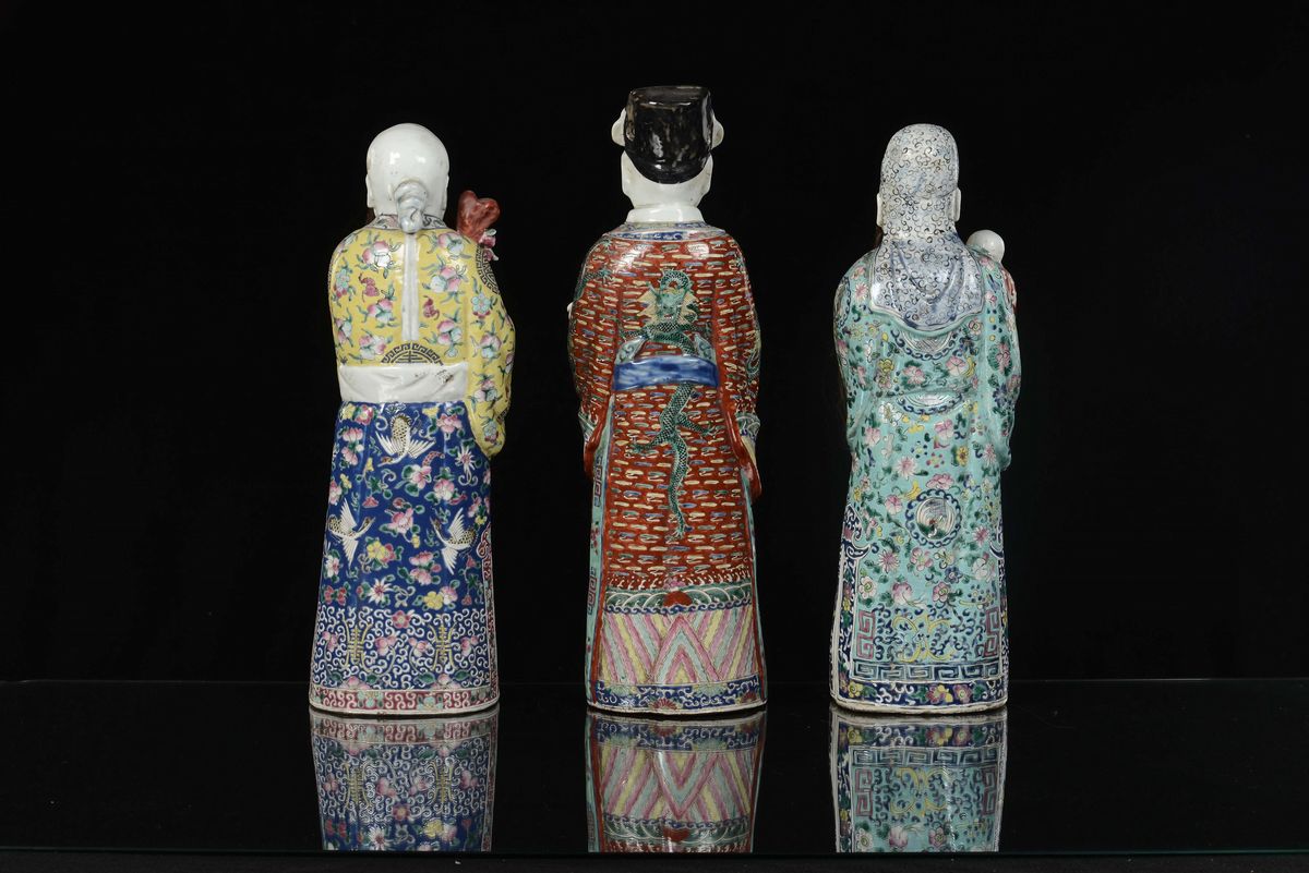 Serie di Tre Saggi in Porcellana Famiglia Rosa, Cina, Dinastia Qing, Inizio XX Secolo