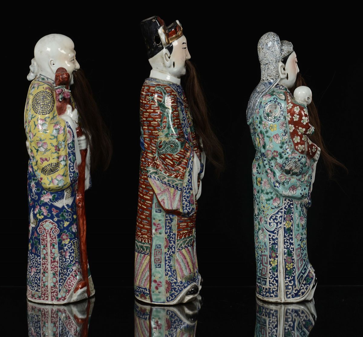 Serie di Tre Saggi in Porcellana Famiglia Rosa, Cina, Dinastia Qing, Inizio XX Secolo
