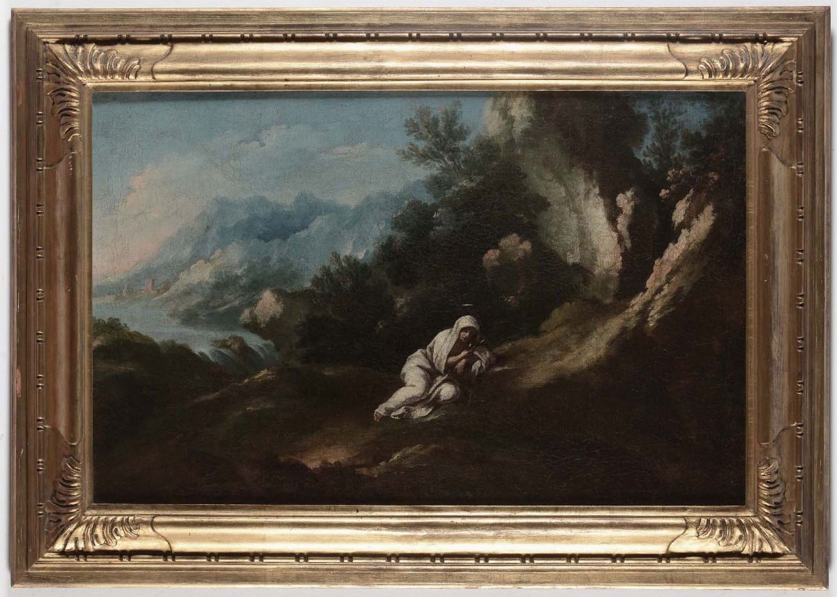 Scuola veneta del XVIII secolo, Paesaggio con eremita, olio su tela