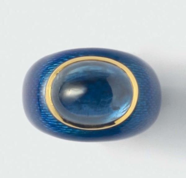 Illario, anello con tanzanite taglio cabochon e smalto blu