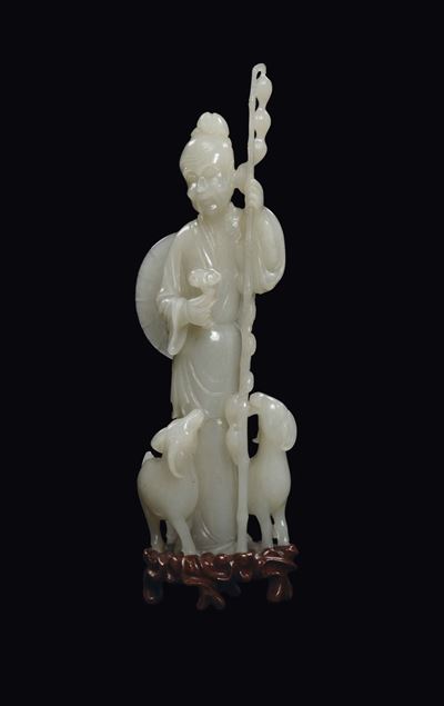 Gruppo in Giada Bianca Raffigurante Saggio con Due Capre, Cina, Dinastia Qing, XIX Secolo