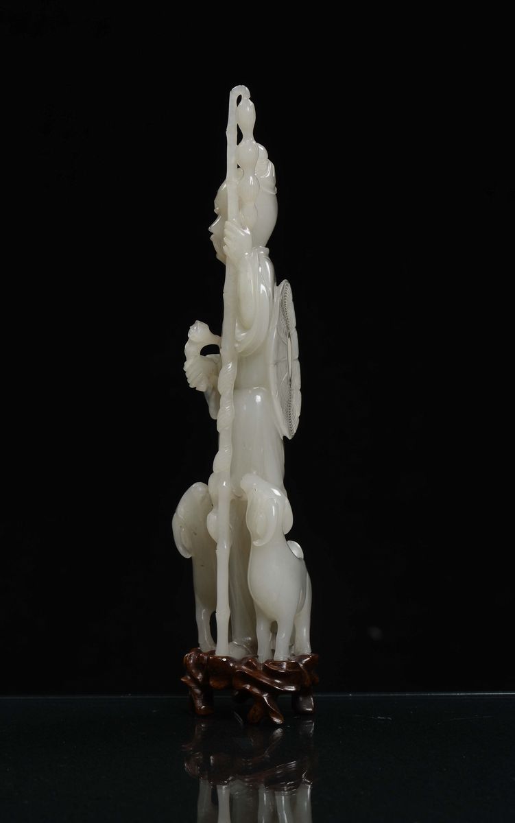 Gruppo in Giada Bianca Raffigurante Saggio con Due Capre, Cina, Dinastia Qing, XIX Secolo