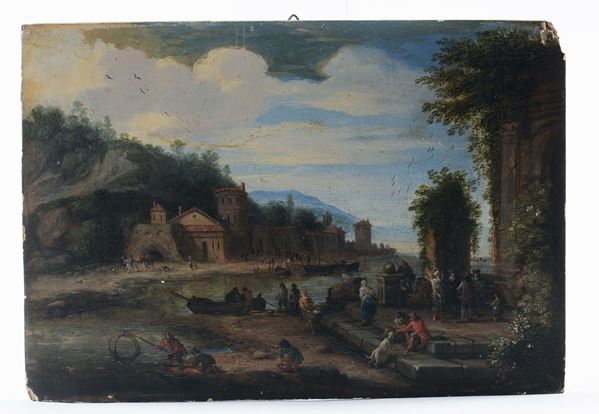 Scuola Fiamminga del XVIII secolo Paesaggio con architetture e personaggi
