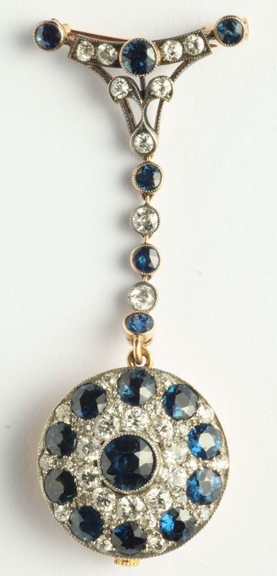 Orologio Spilla con Diamanti e Zaffiri. Sec XX, Prima Metà