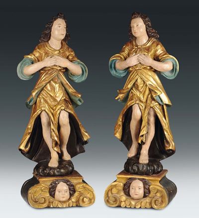 Coppia di Sculture in Legno Policromo e Dorato Raffigurante Angeli Oranti, Scuola Lombarda del XV...