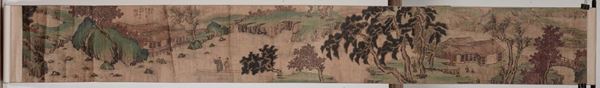 Scroll con paesaggio di montagna e imbarcazioni, Cina, Dinastia Qing, inizio XX secolo