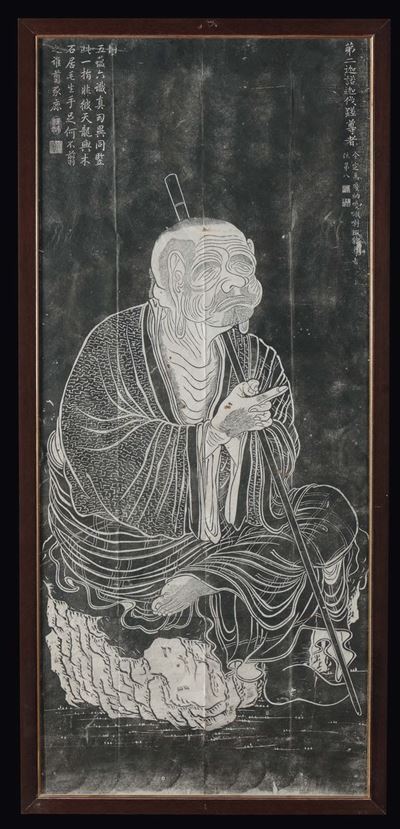 Tre Dipinti a Tempera su Carta in Grisaille Rappresentanti Luohan con Iscrizioni, Cina, Dinastia ...