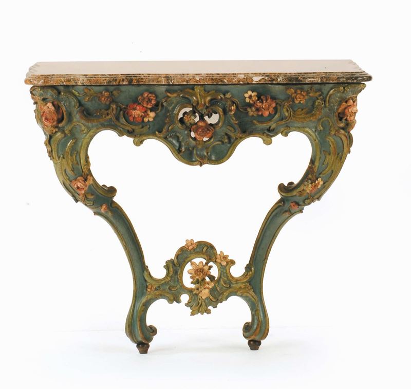 Console Luigi XV a goccia laccata a fondo azzurro,  XVIII secolo  - Auction Furnishings from the mansions of the Ercole Marelli heirs and other property - Cambi Casa d'Aste