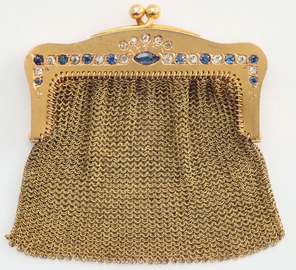 A gold, sapphire and diamond mesh bag