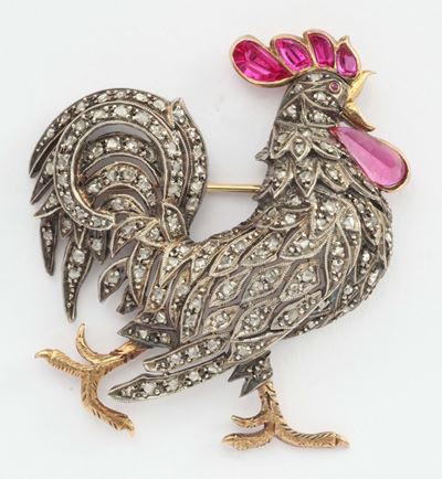 Spilla Animalier Raffigurante un Gallo con Diamanti Taglio Huit - Huit e Tormaline