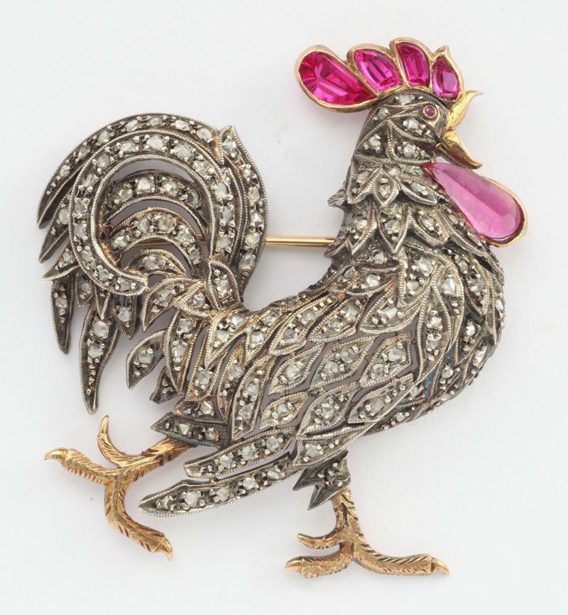 A diamond and tourmaline cock brooch  - Auction Fine Jewels - I - Cambi Casa d'Aste