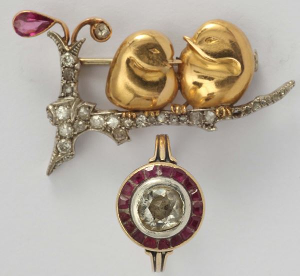 A gold, diamond and ruby ring and brooch