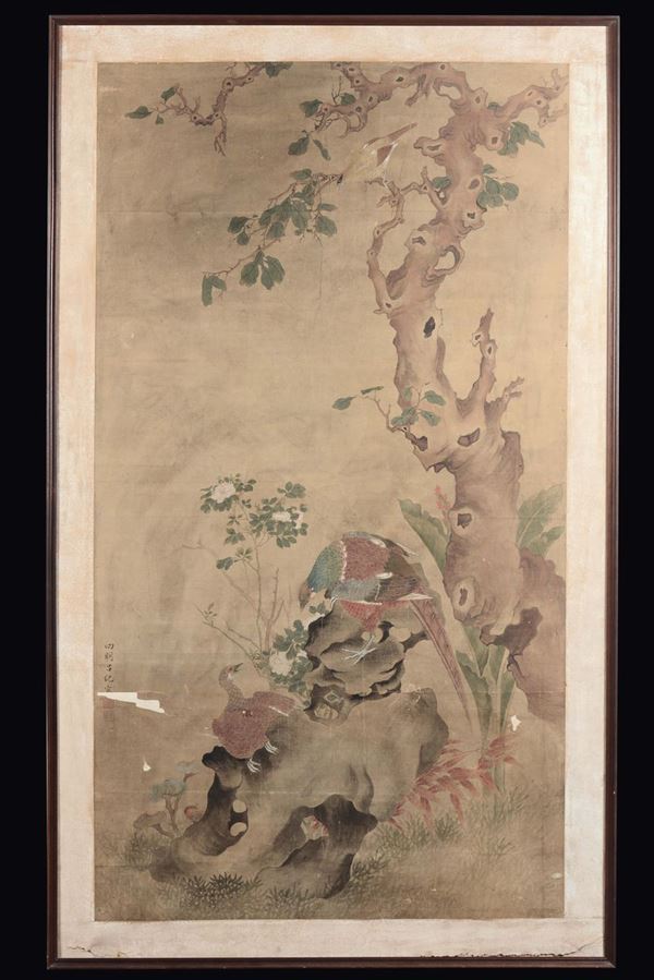 Painted on paper depicting naturalistic subject with partridges, China, Qing Dynasty, 19th century