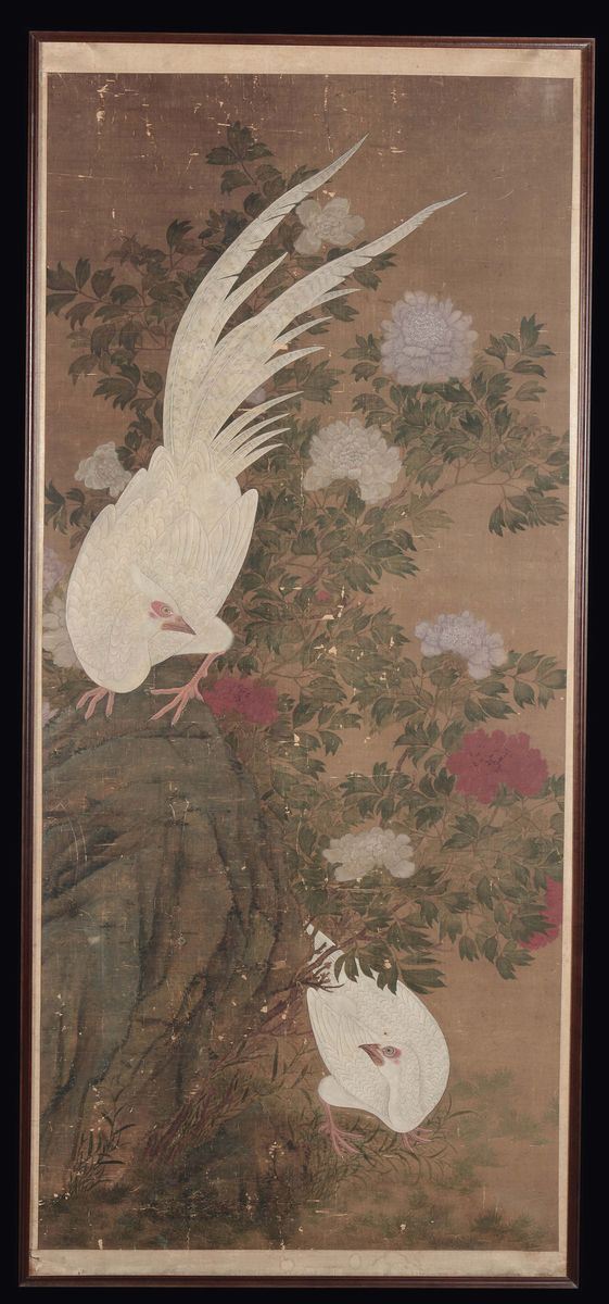 Dipinto su carta raffigurante due fagiani bianchi, Cina, Dinastia Qing, XIX secolo  - Asta Fine Chinese Works of Art - II - Cambi Casa d'Aste