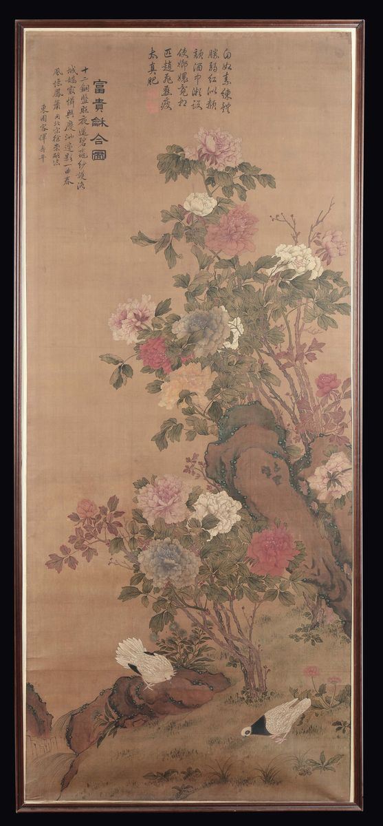 Dipinto su carta a decoro naturalistico con iscrizioni, Cina, Dinastia Qing, XIX secolo