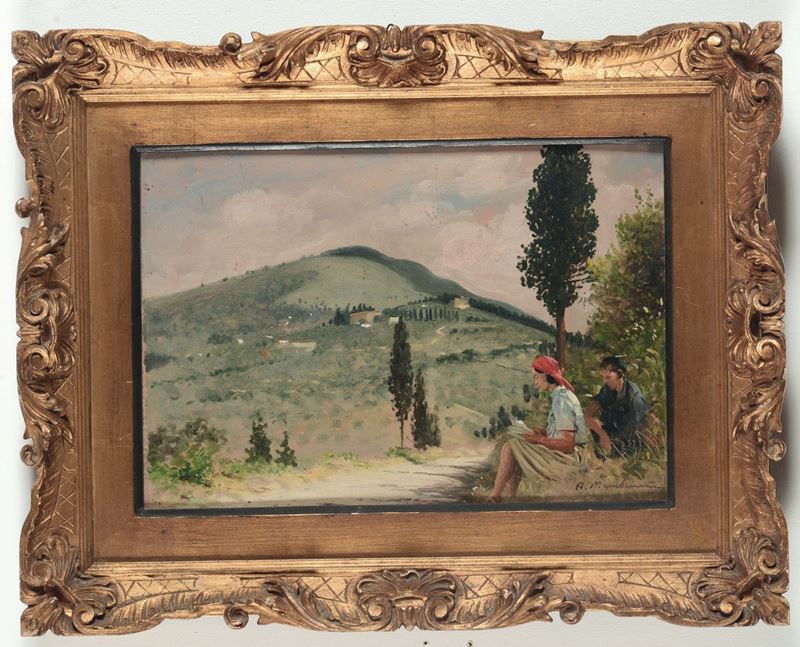 Angelo Mambriani (1877 - 1969) Paesaggio con figure  - Asta Dipinti del XIX e XX secolo - Cambi Casa d'Aste